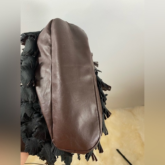 GAL Dark Brown Leaf Fringe Beaded Handle Boho Bag EUC - Picture 9 of 10